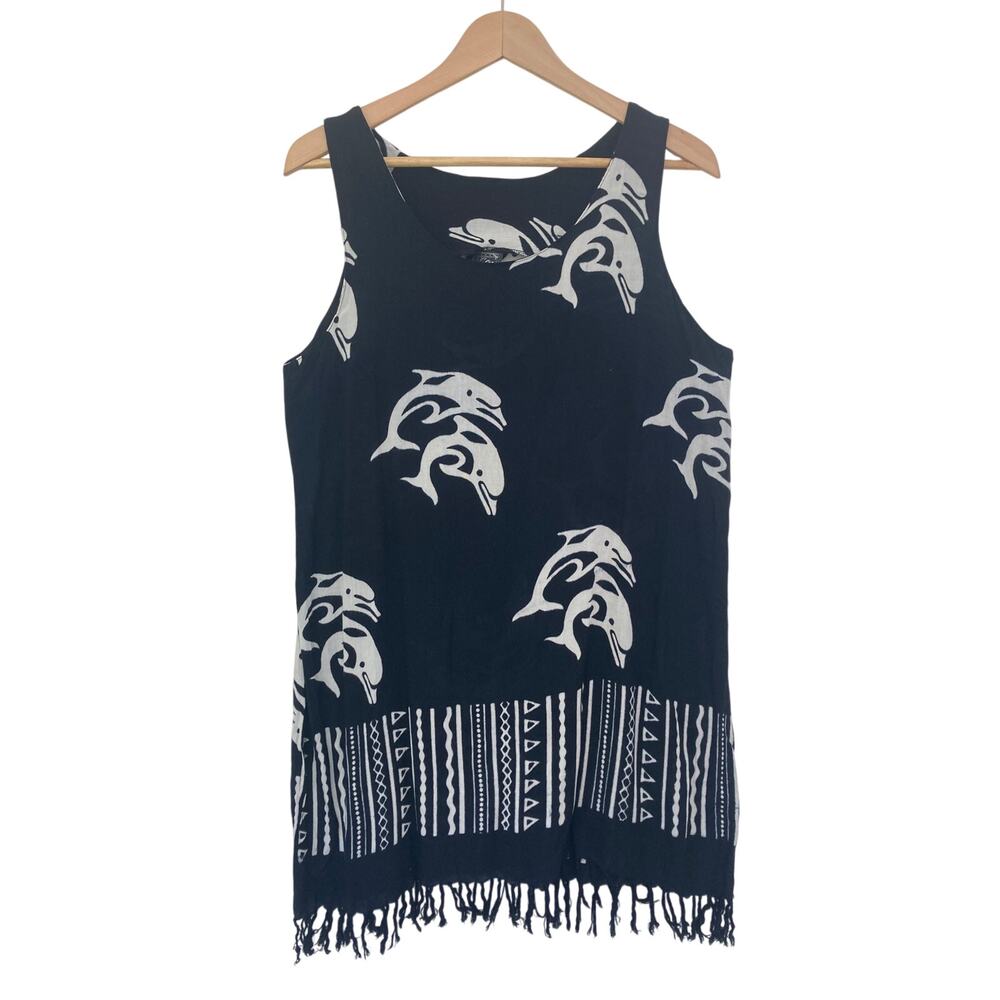 Y2K IG Sport Summer Beach Black White Swim Swimsuit Coverup Fringe Dolphin Dress